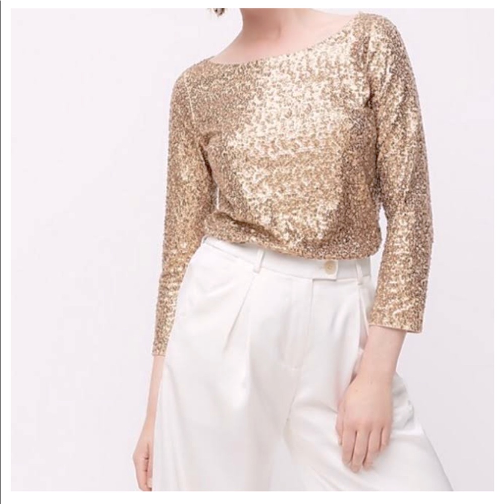 J. Crew Rosegold Sequin 3/4 Sleeve Boatneck Tee